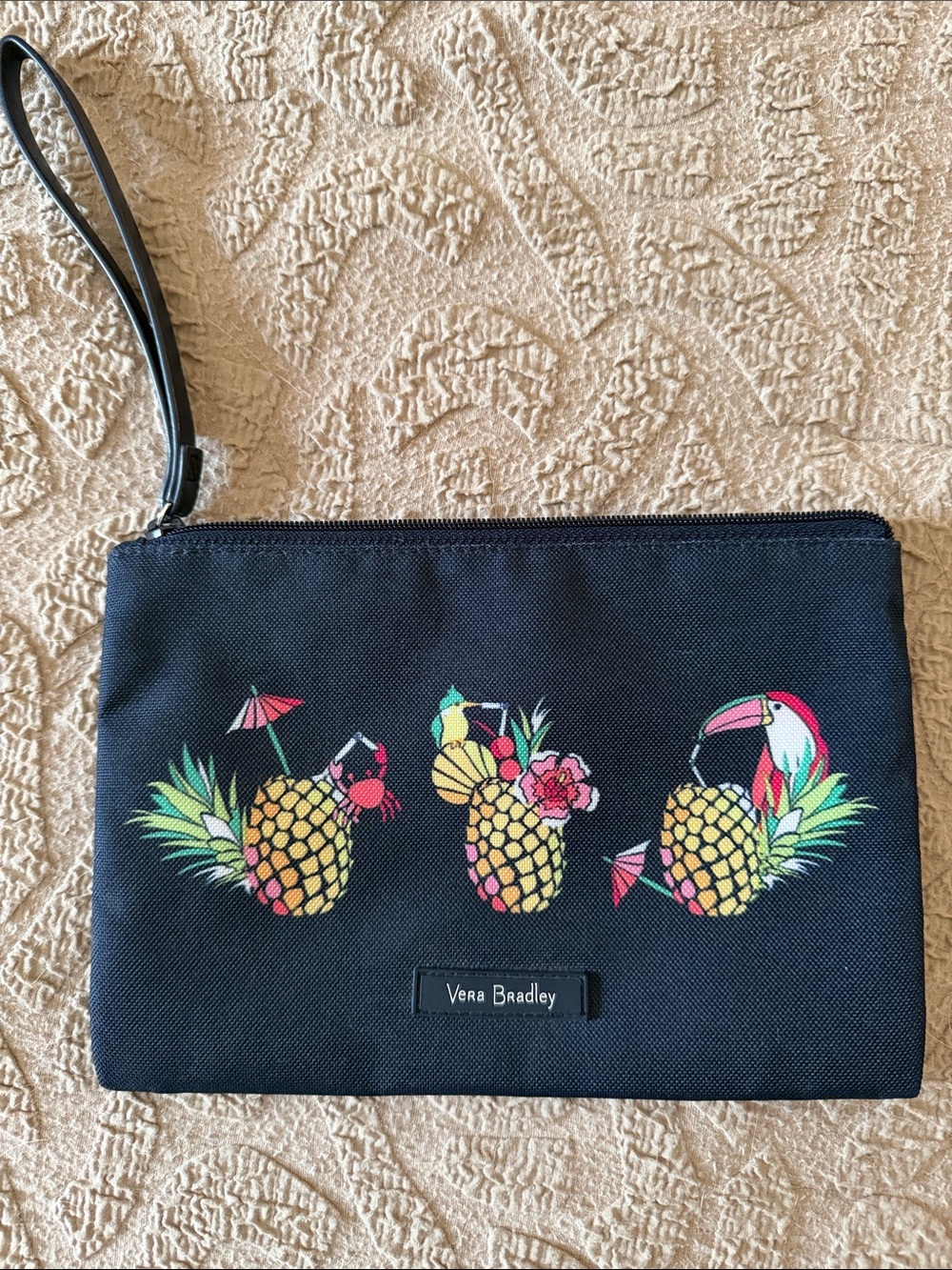 Vera Bradley Navy Wristlet with Tropical Pineapple & Toucan Print Sips Gettin Re